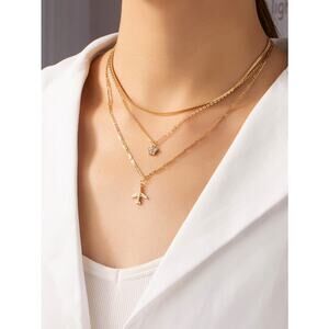 Romwe Women's Airplane Décor Gold Tone Layered Chain Necklace